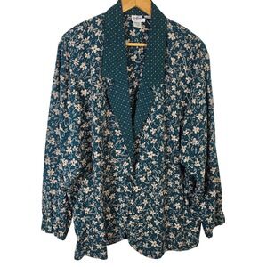 Vintage TanJay Floral Polka Dot Green Cream Blazer Top Jacket Teal Beige M